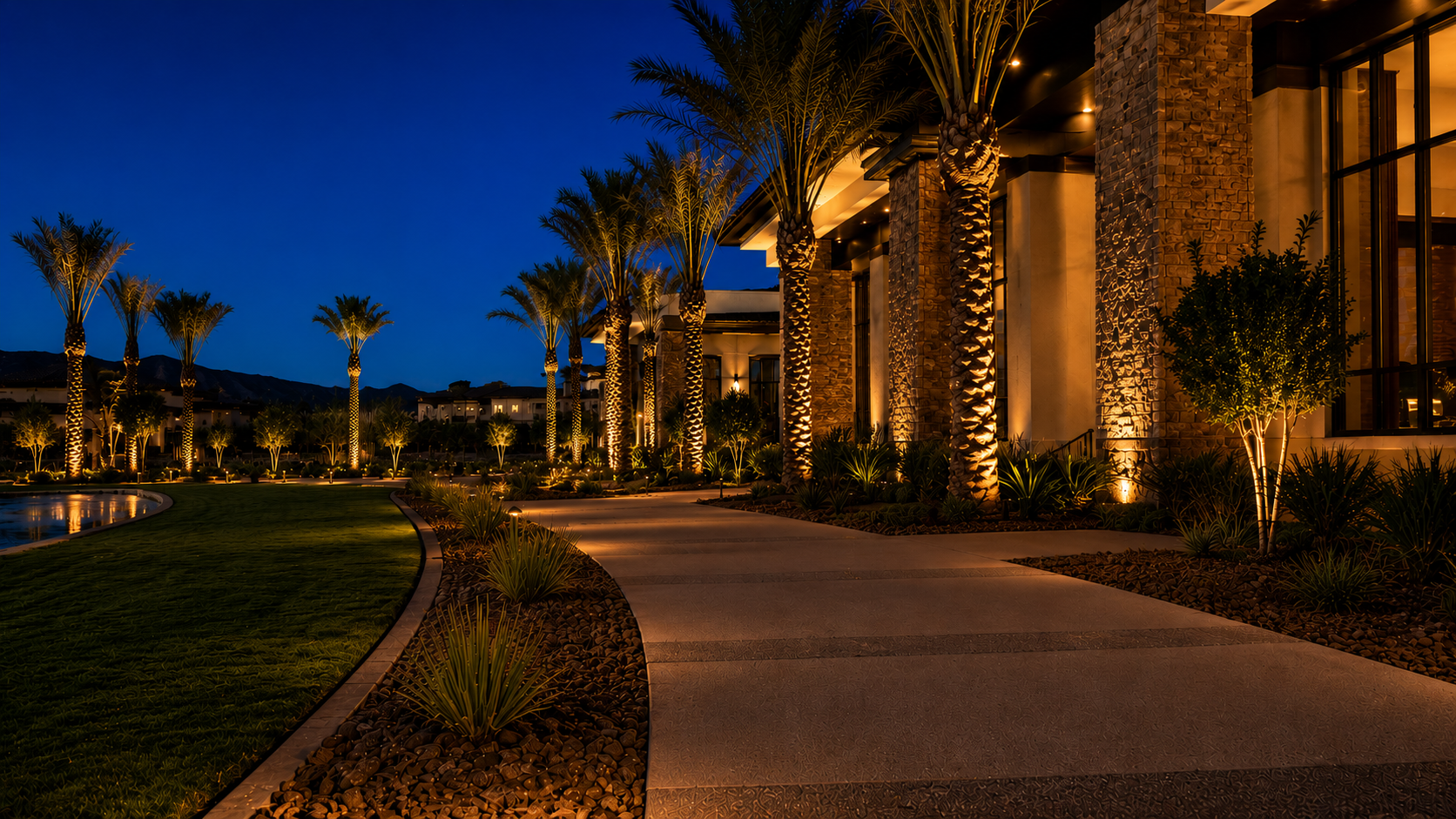 Commercial landscape lighting installed across a resort property at dusk