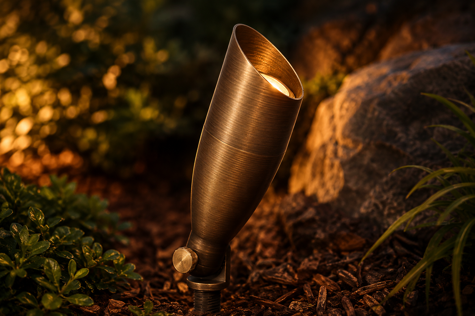 Solid brass low-voltage landscape lighting fixture glowing warm at dusk