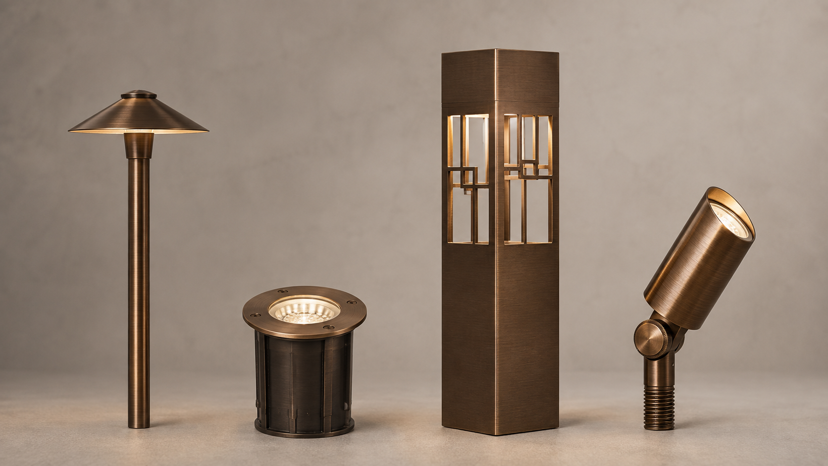 Brass low-voltage landscape lighting fixtures: path light, well light, bollard, and spotlight