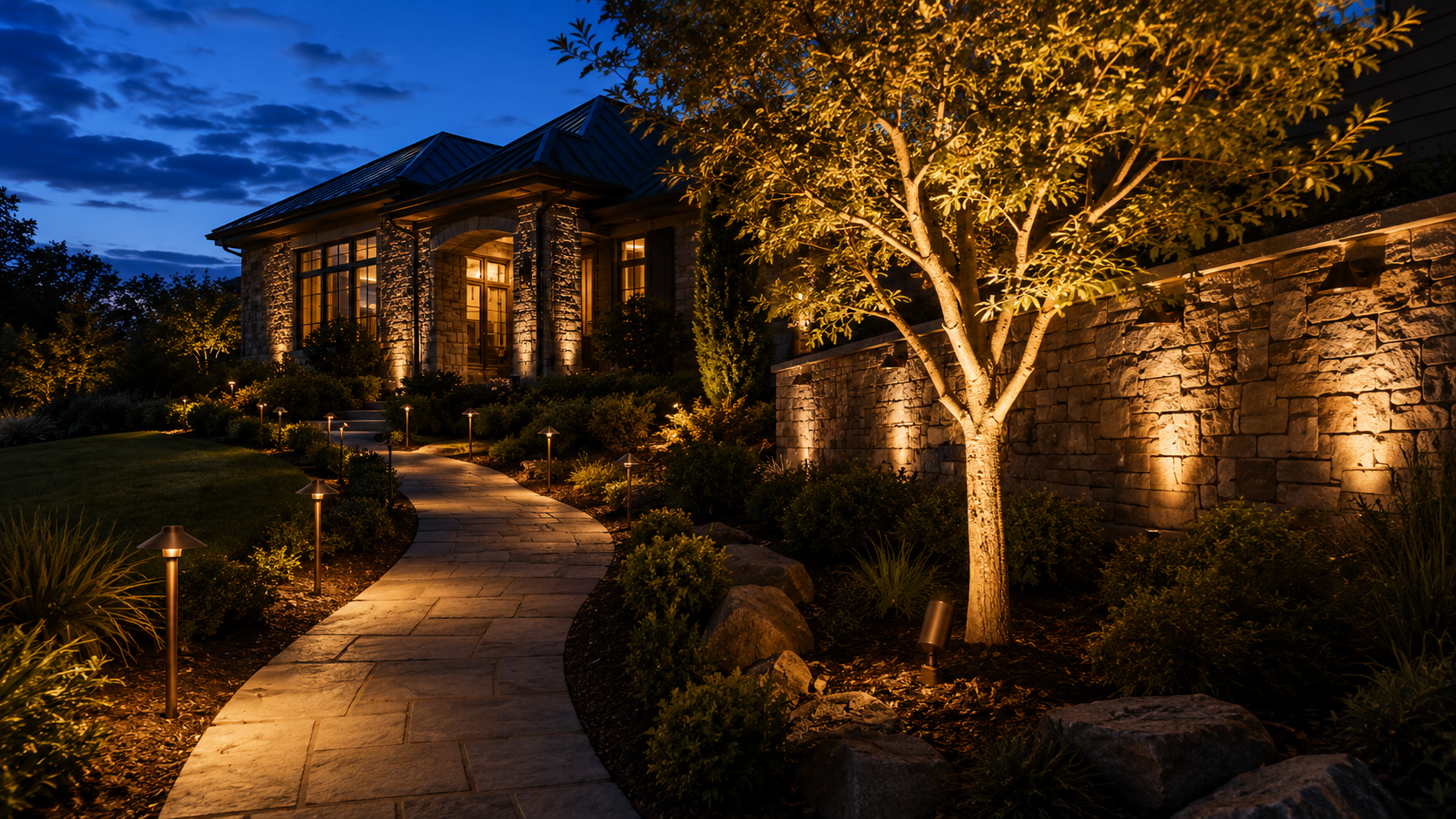 Multiple types of landscape lighting on one property at dusk: path lights, uplighting, and facade lighting