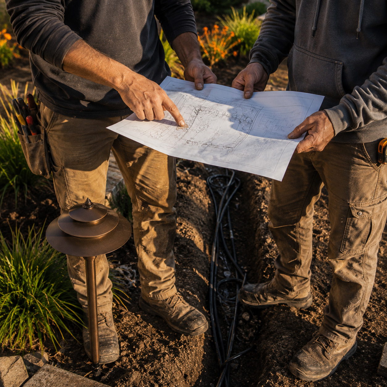 Manufacturer field representative reviewing a landscape lighting layout with a contractor