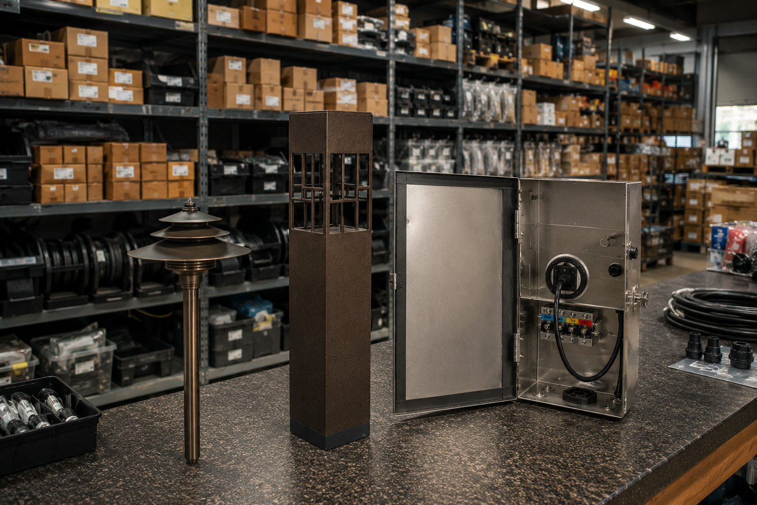 Landscape lighting distributor trade counter with fixtures in stock