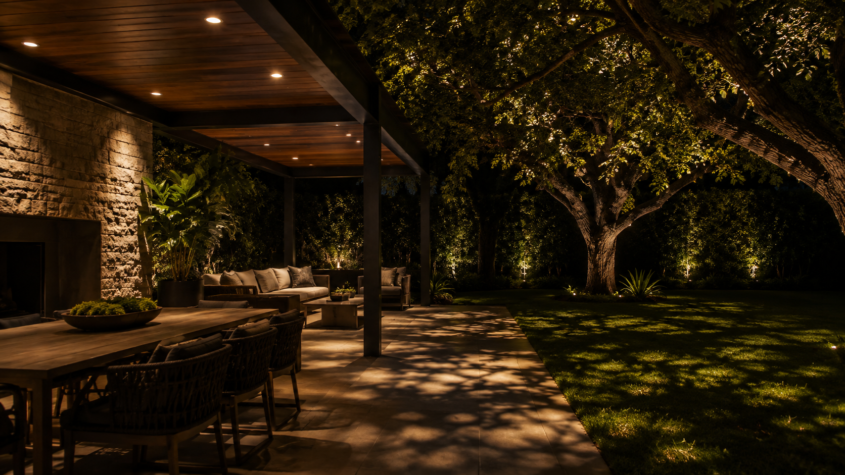 Moonlighting technique casting dappled light under a tree canopy at night